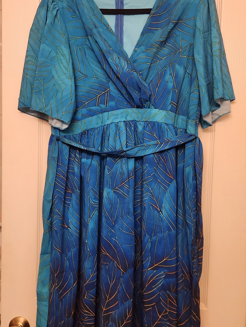 Blue Leaf-Print Wrap Dress